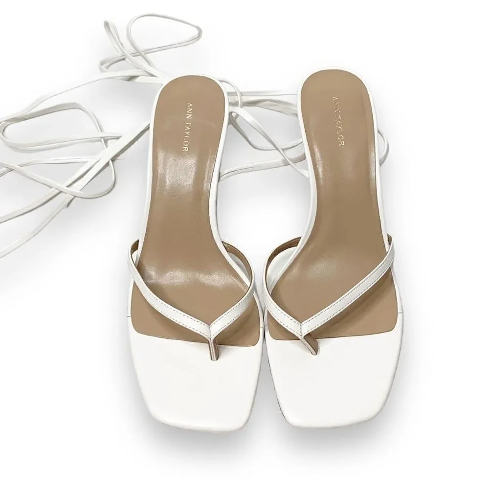 Ann Taylor White Leather Strappy Ankle Wrap Square Toe Sandal Heels Women’s 9.5M